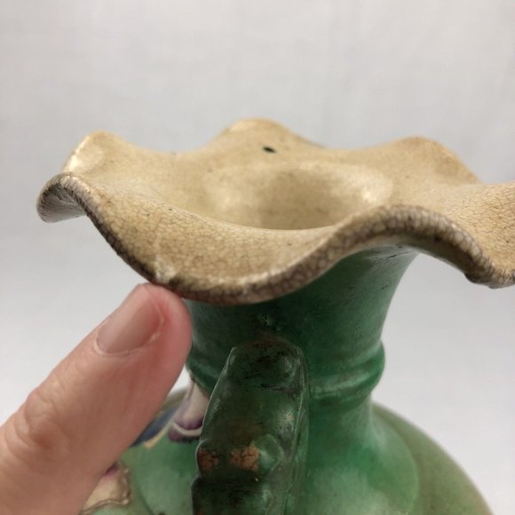 Vintage Moriage Floral Ceramic Vase - Green/Orange/Purple BOHO 10” Tall - Picture 6 of 16